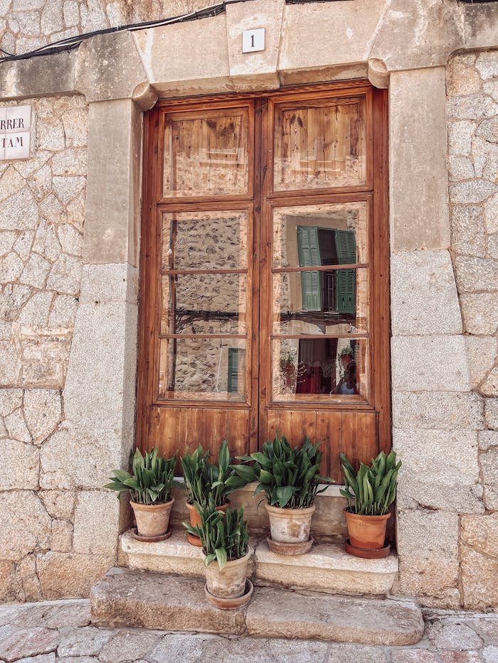 Rustic wooden door with potted plants in historic Valldemossa, Spain's charming architecture.